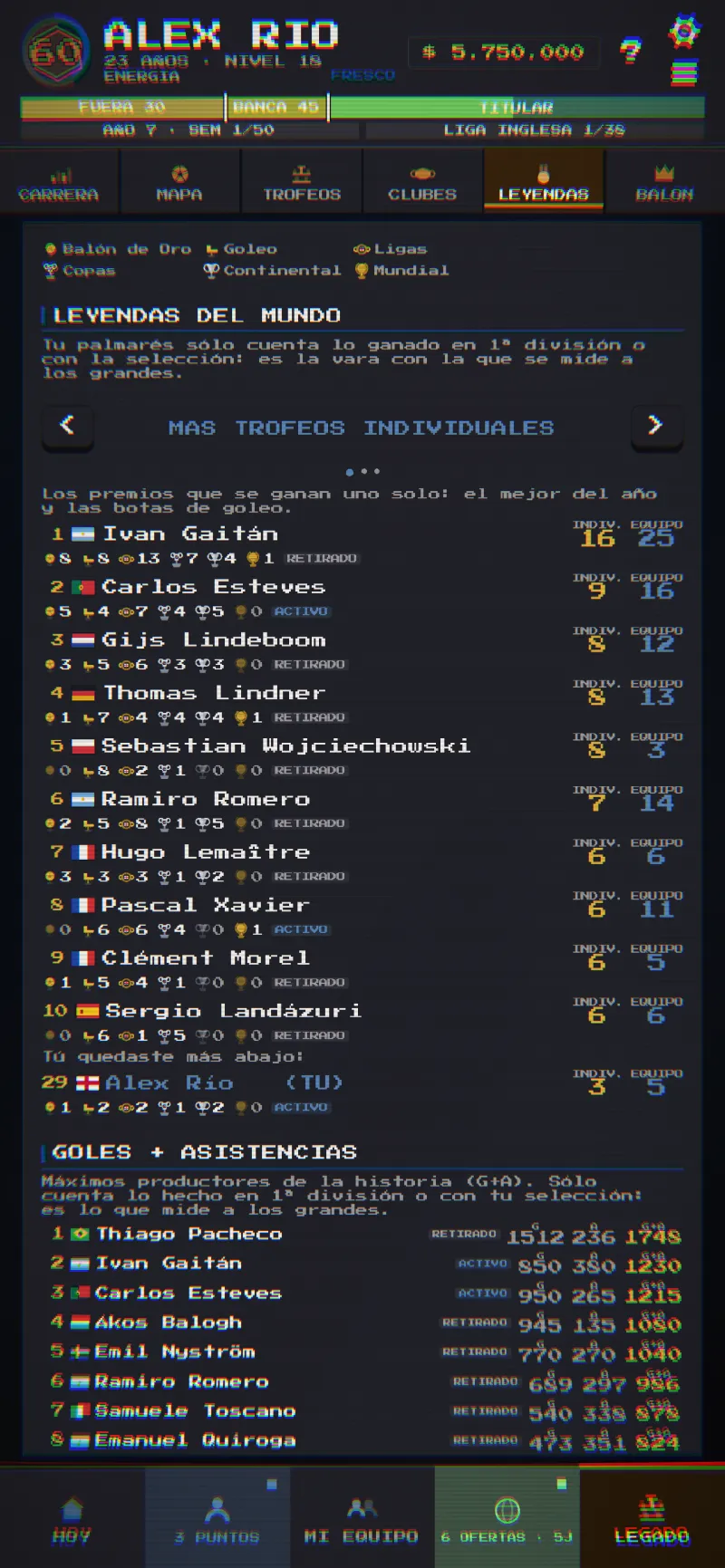 La tabla de leyendas del mundo, con el jugador en su puesto