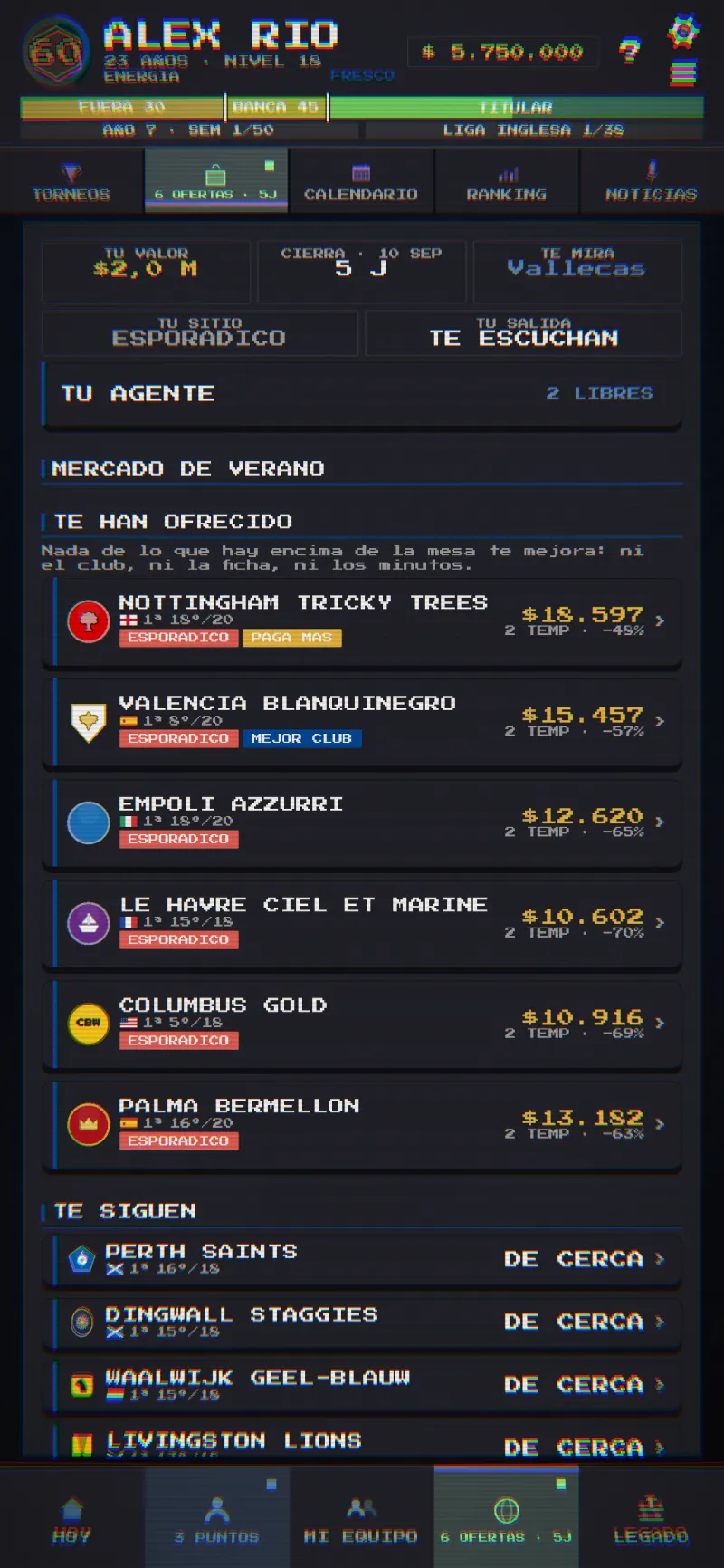 La pantalla del mercado con tu agente y las ofertas de varios clubes